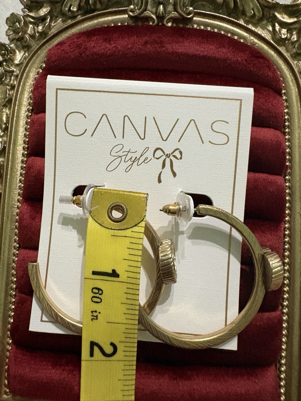 Canvas Style Gold Tone Hoop Earrings Heart Charm Clear CZ Pavé Hinged 1.75in