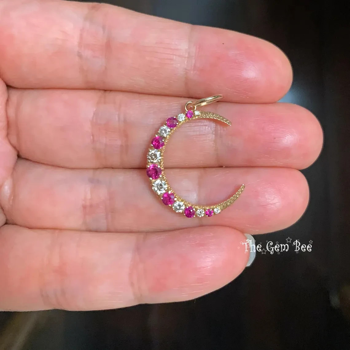 18.5×22.5mm 14K Solid Yellow Gold Diamond Natural Ruby Crescent Moon Charm