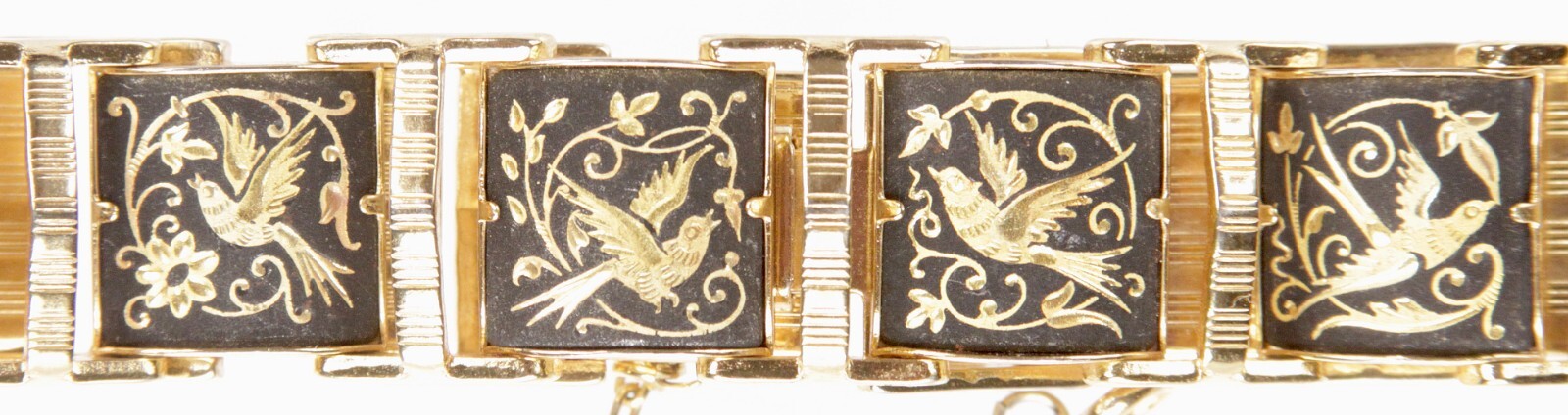 Vintage Spanish Toledo Bird Pattern Damascene Gold Plated Link Panel Bracelet