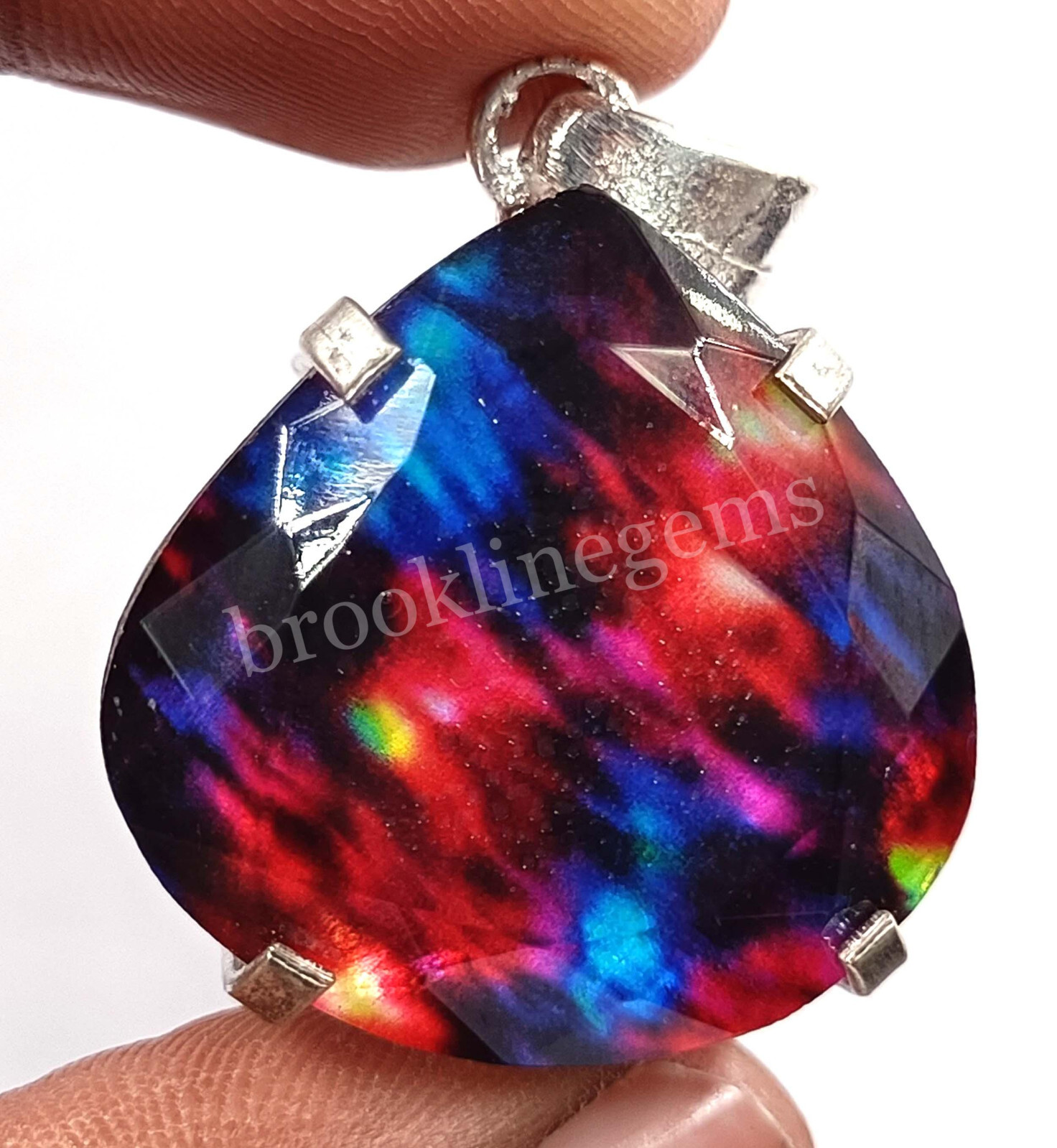 74.65 Ct Pear Natural Ammolite Opal Doublet 925 Silver Pendant EGL Gems 5FRD