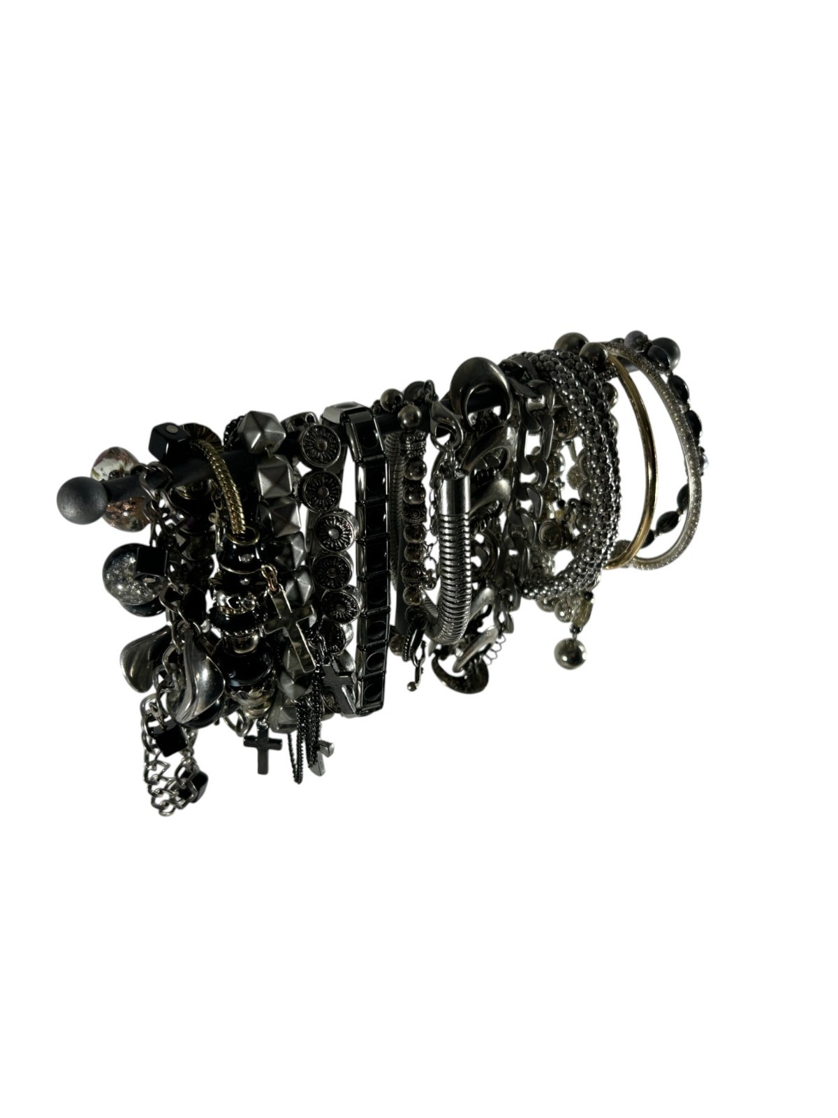Mixed Lot 15 Silver Tone Bracelets Costume Jewelry Stretch Cuff Beaded Charm