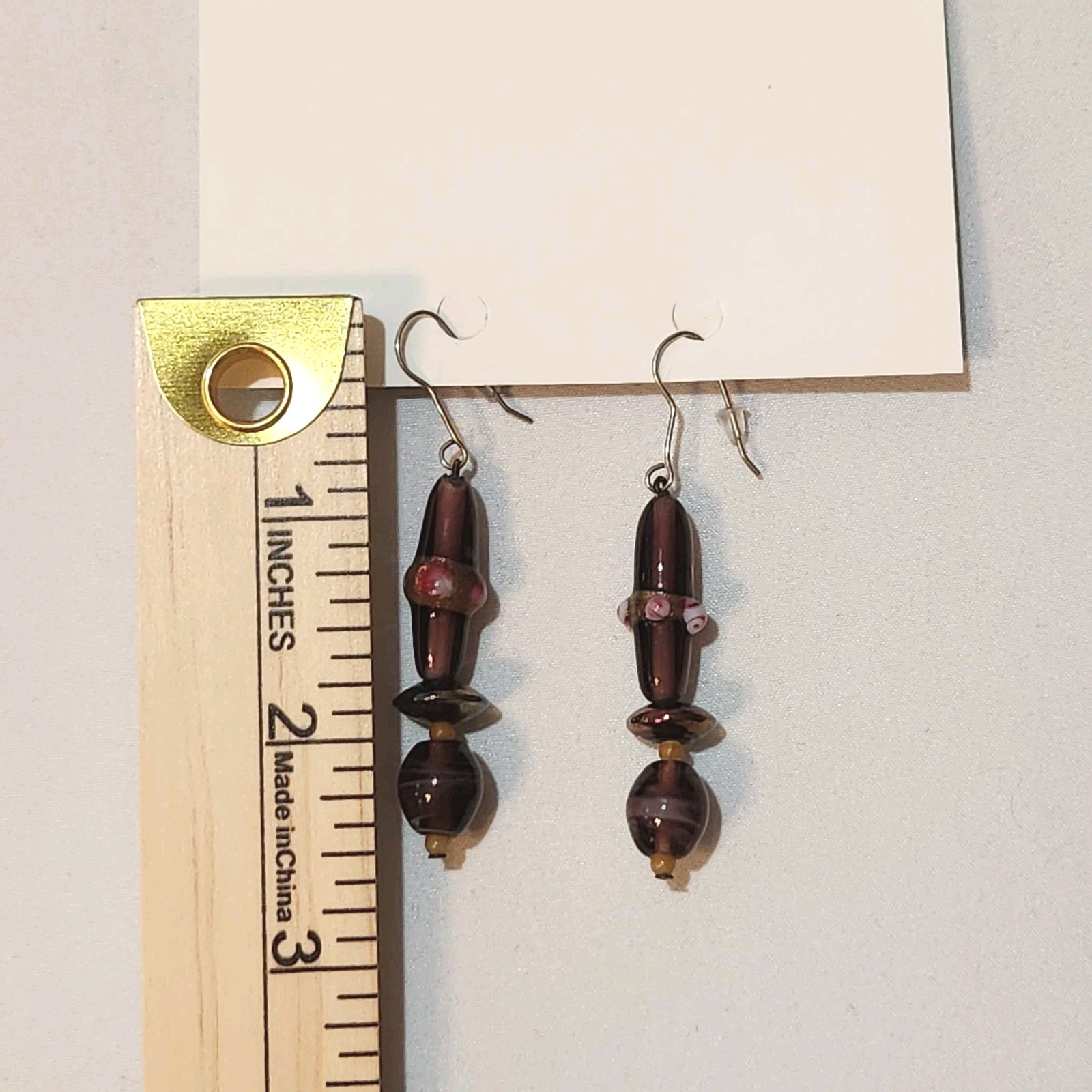 Purple Glass Bead Dangle Earrings Burgundy Pink Accents Handmade Style Boho 2.5″