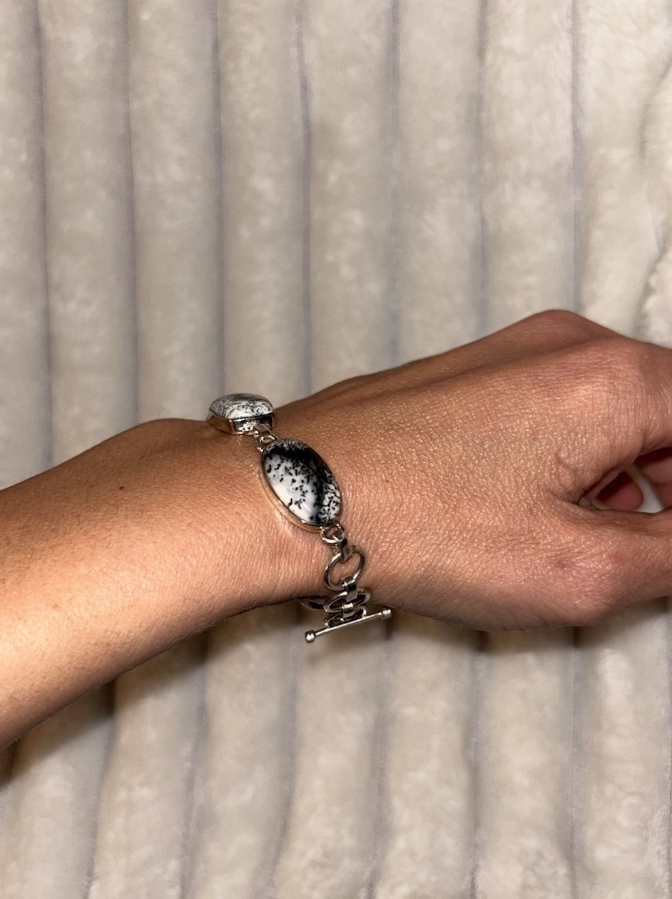 925 Sterling Silver Toggle Bracelet Black & White Dendritic Opal 7 to 8 in. Rare