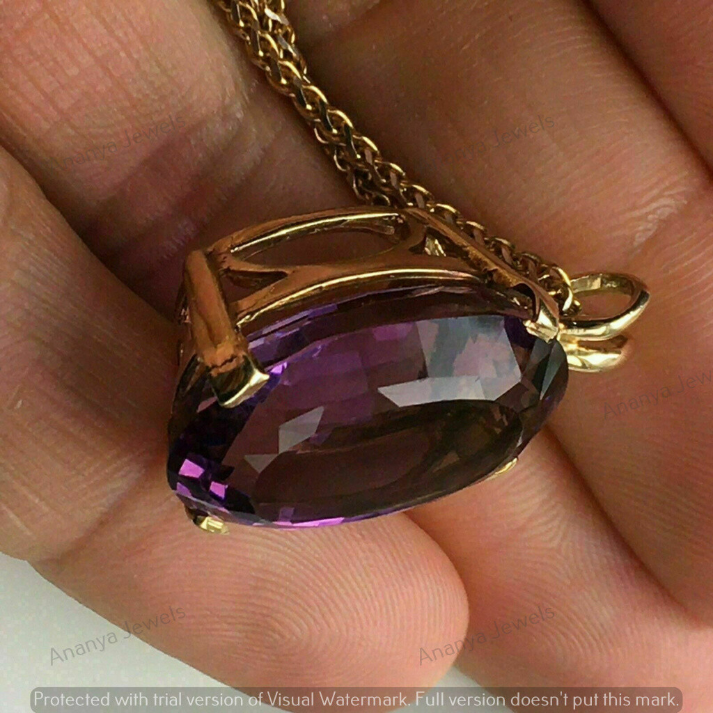 3CT Oval Purple Amethyst Solitaire Pendant Necklaces Real 14K Yellow Gold Plated