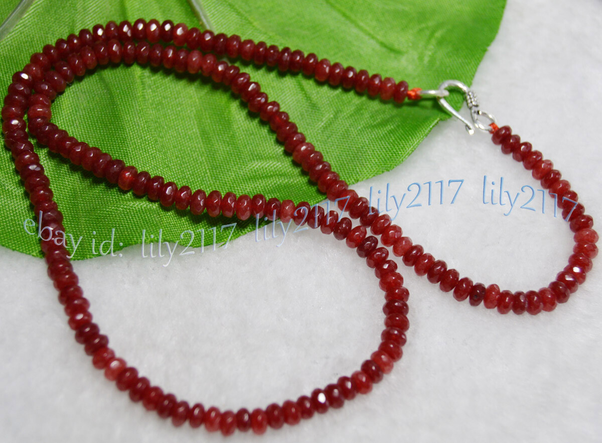 2x4mm Brazil Red Jade Faceted Roundel Gemstone Beads Necklace Silver Clasp AA