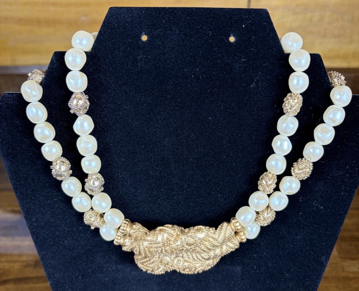 Franklin Mint Mary McFadden Beaded Pearl Necklace 1988 Etruscan Gold Plated