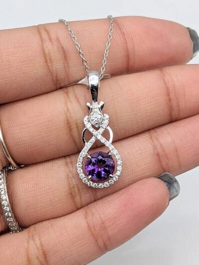 1.50Ct Round Cut Simulated Amethyst Pendant 18″ Necklace 14K White Gold Plated