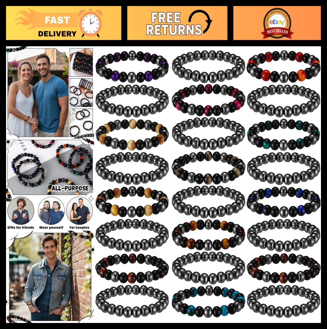 24 Pcs 8mm Black Hematite Stretch Bracelets for Men & Women, Obsidian & Tiger Ey