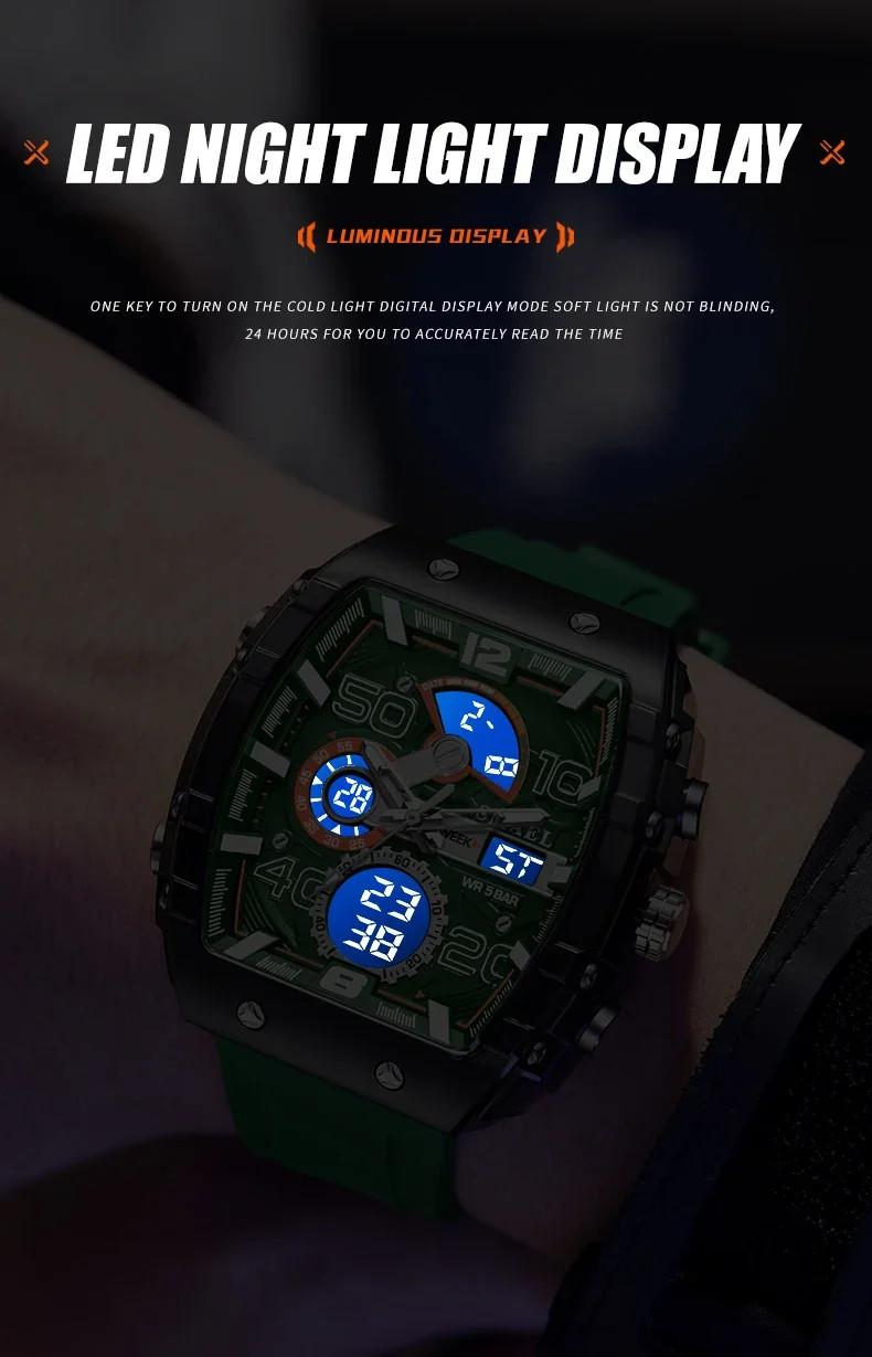 8109 Men’s Multifunctional Digital Sports Watch 50M Waterproof Dual Display LED
