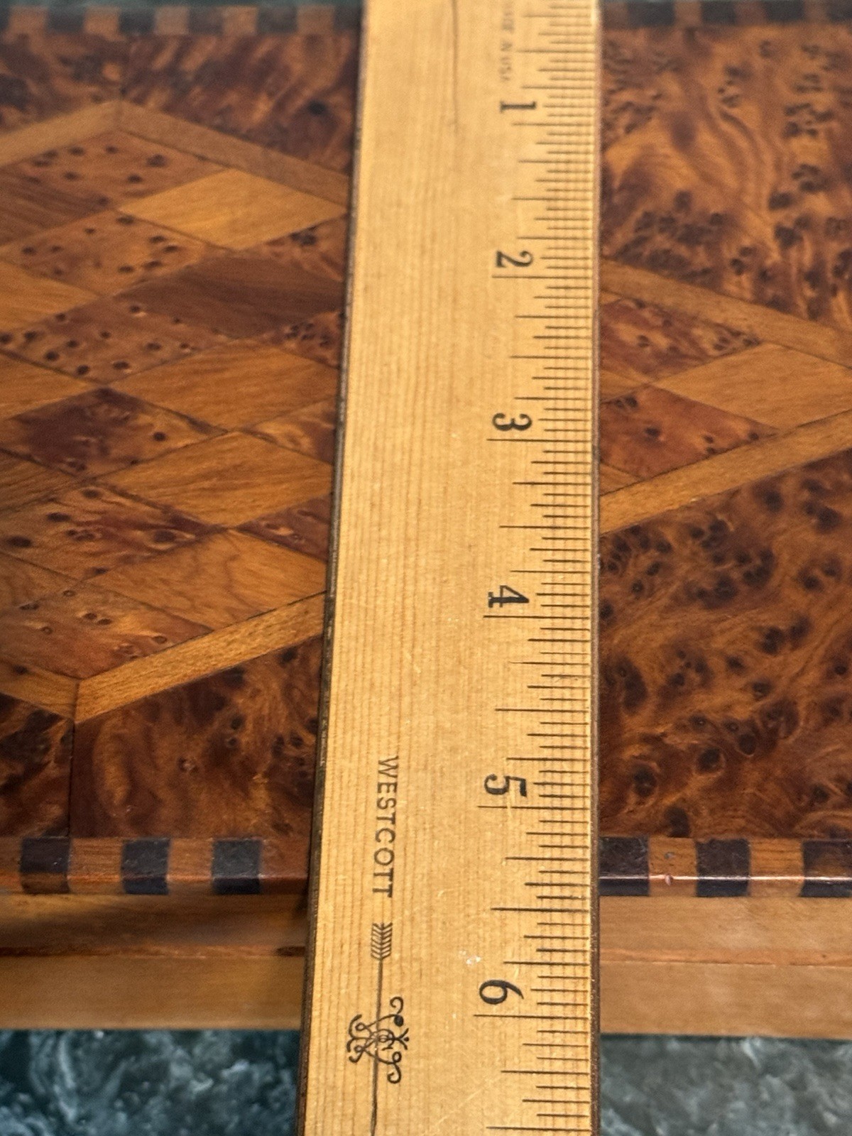 Burl Wood Marquetry Box Valet Jewelry Box MCM Hand Crafted Lined 11 x 5.5 in