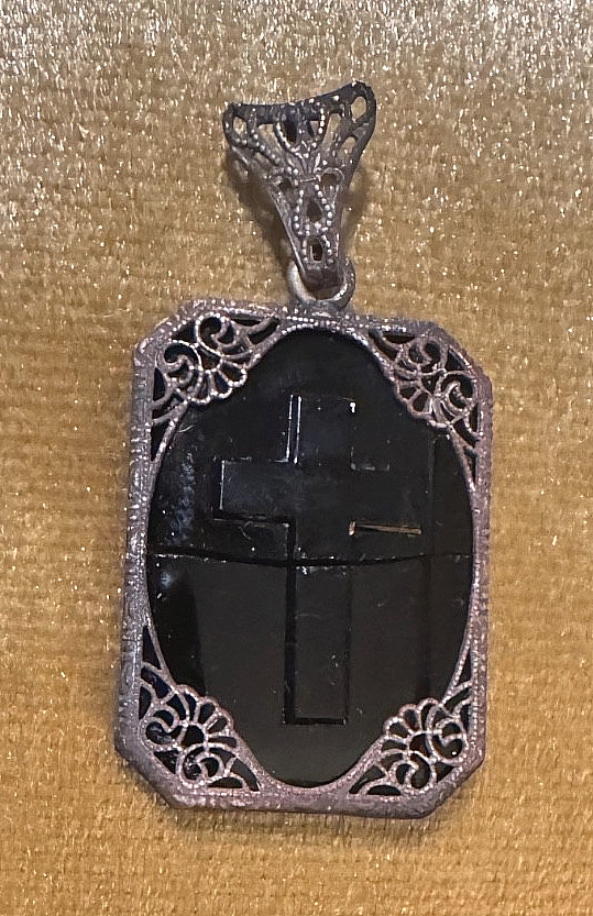 Antique Ornate Border with Black Onyx Mourning Pendant Etched Cross & Star Prism