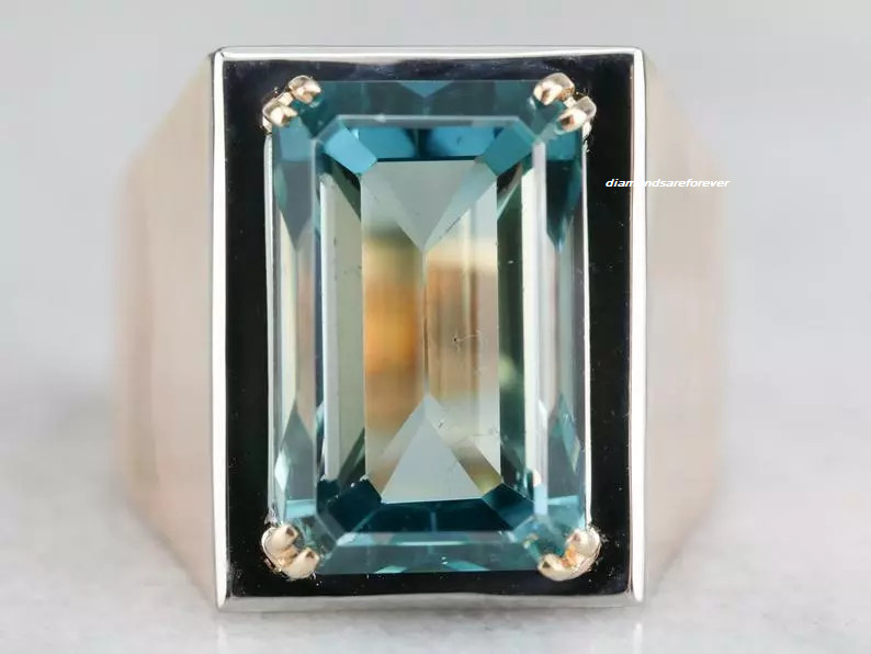 28.41 Carat Transaparent Emeralds Shape Aquamarine Solitaire 925 Silver Men Ring