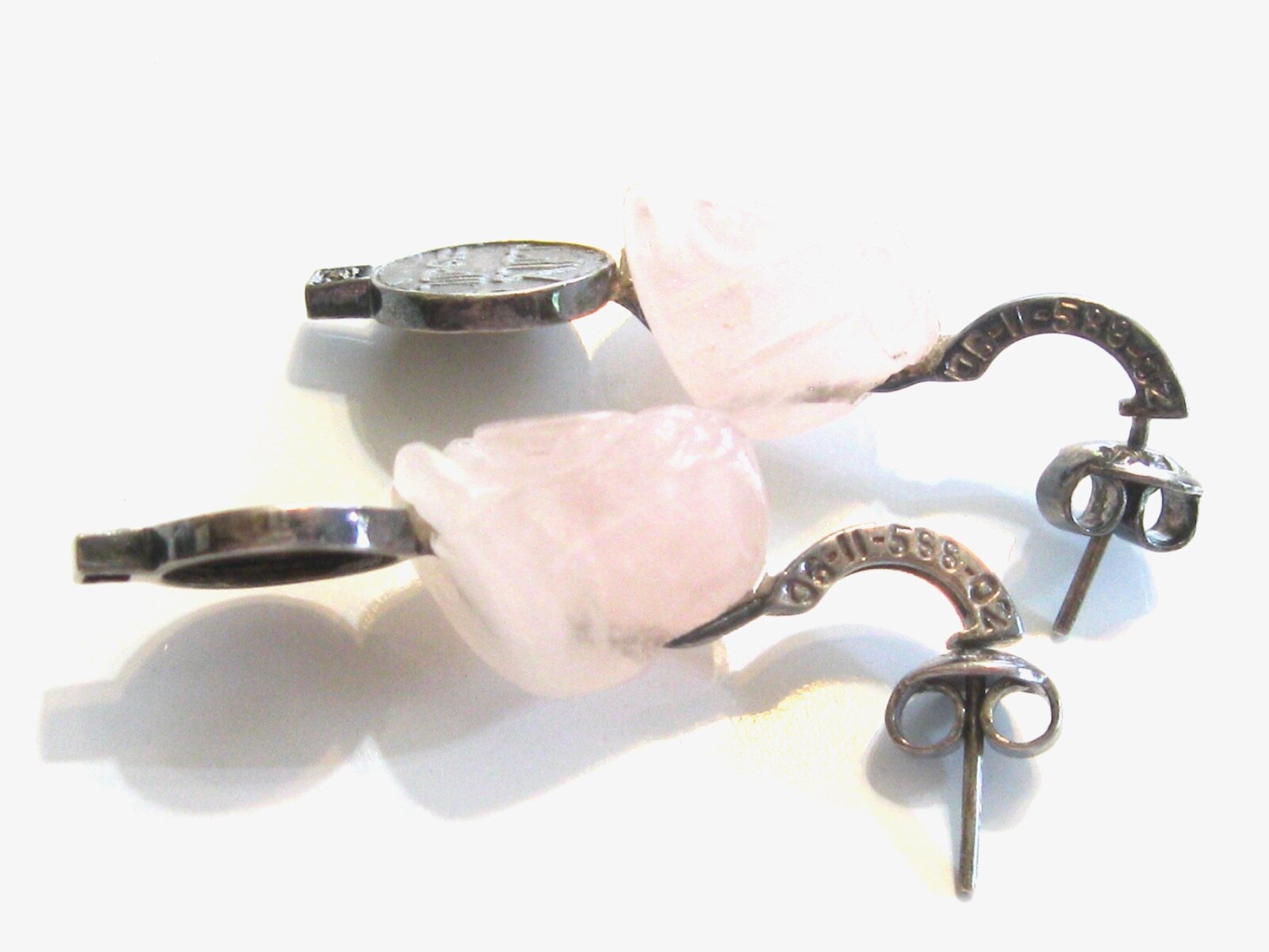 HANDMADE POST EARRINGS FLORAL CARVED ROSE QUARTZ COINS DIAMONDS MYSTERY NUMBER