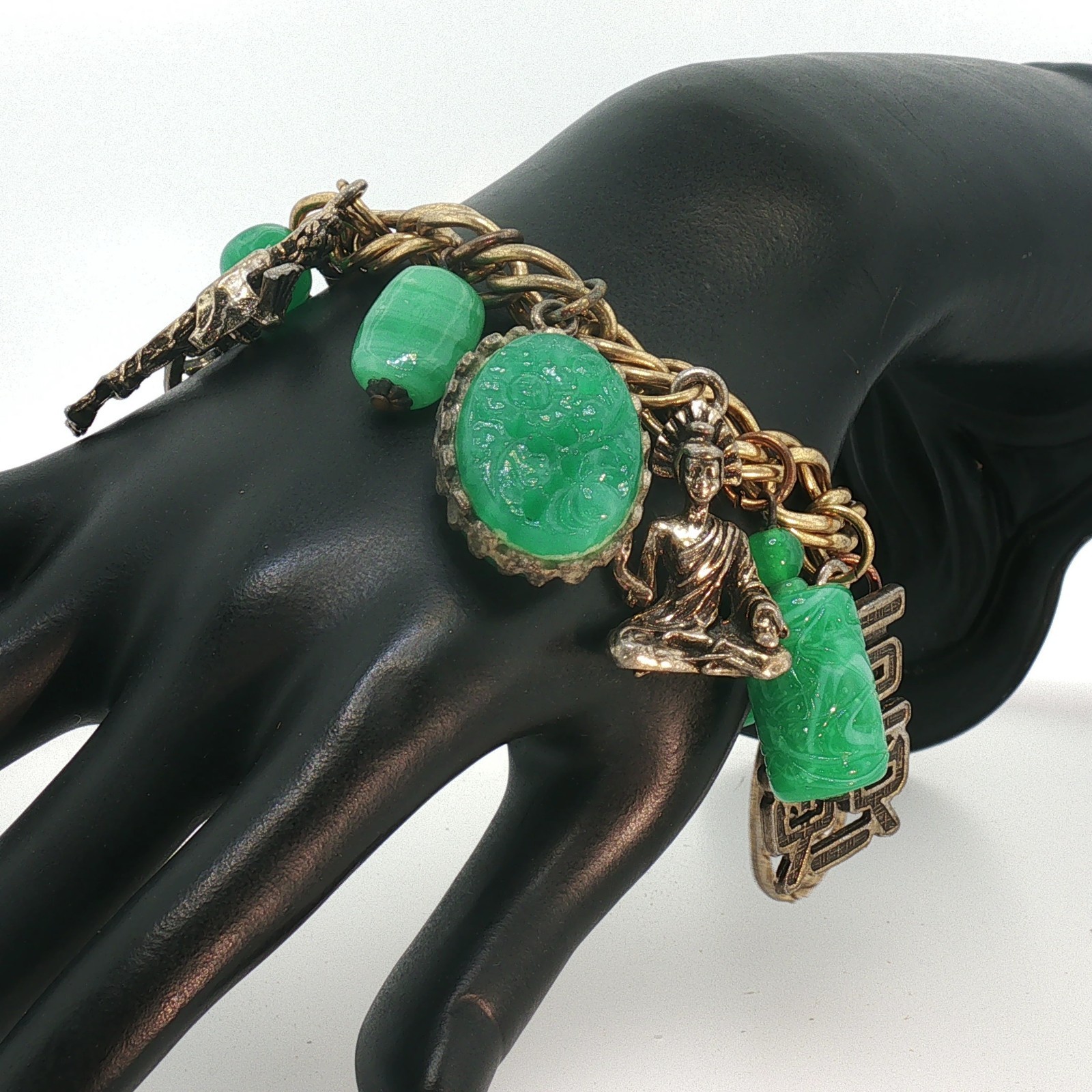 Vintage Gold Tone FOB Bracelet Green Carved Stone Jade‑Style Charms Asian Motif