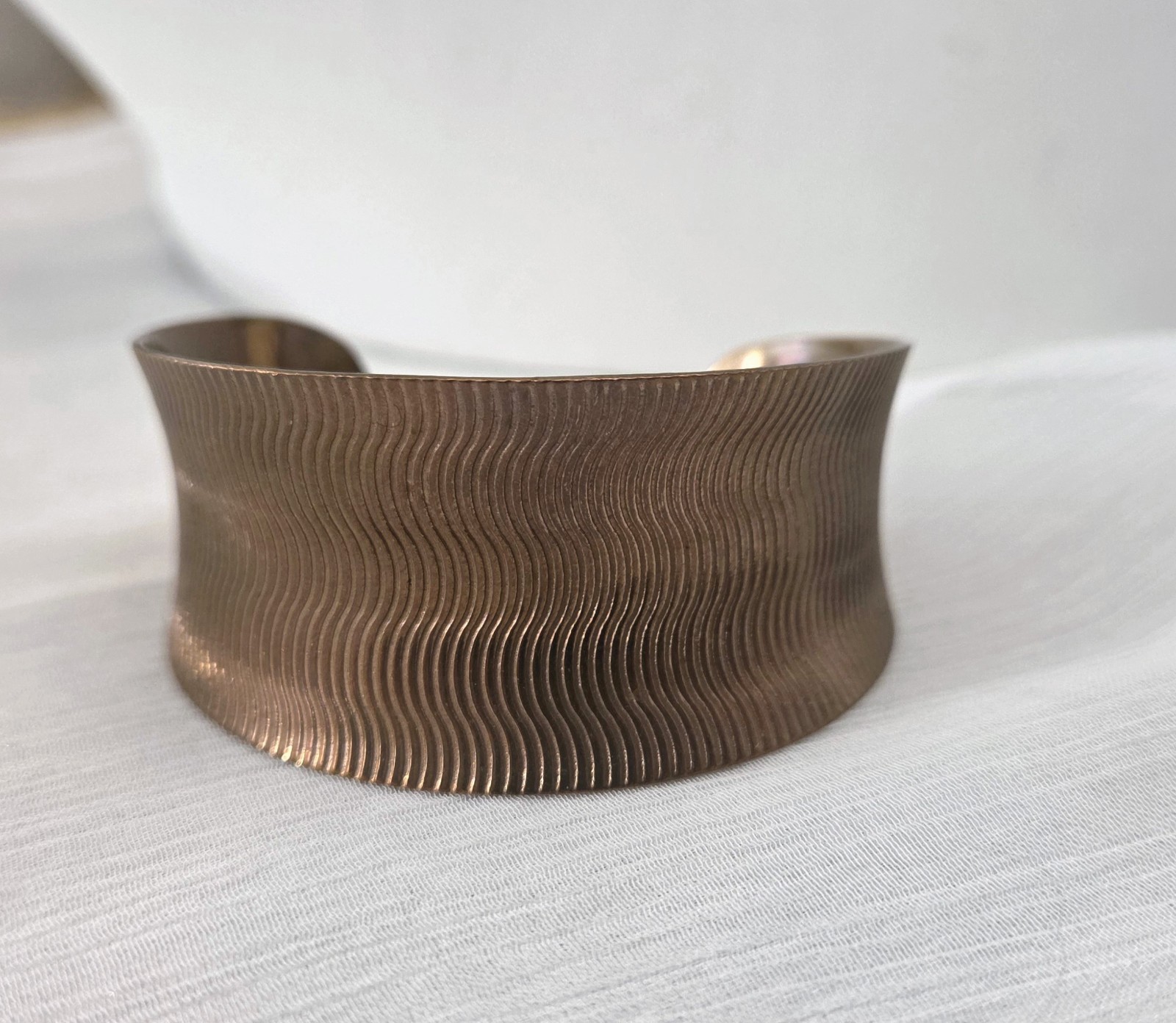 Vintage Wide Band Convex Cuff Bracelet Ribbed Copper Artisan Metal Handmade