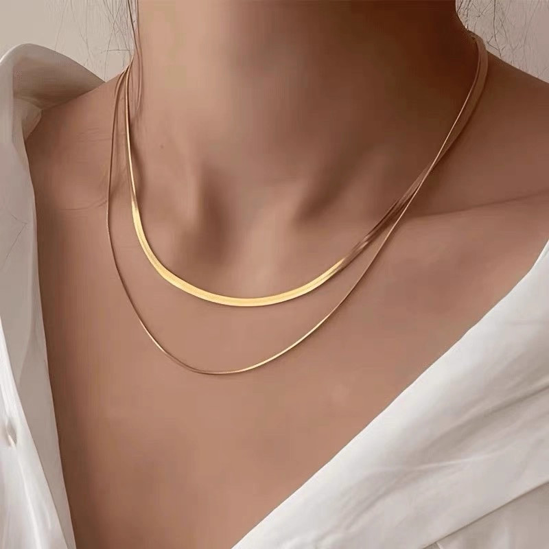 Woman Gold Silver Stainless Steel 2 Layers Snake Herringbone Chain Necklace PE6