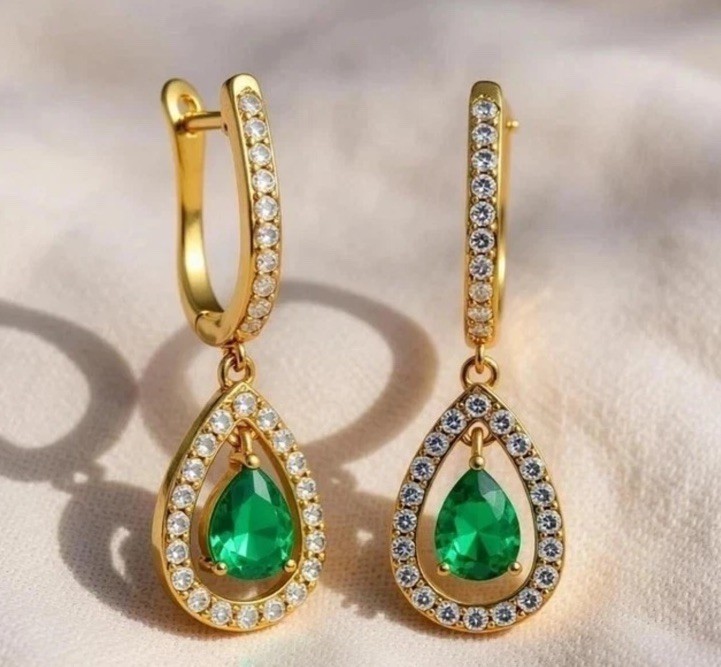 14k Solid Yellow Gold Natural Emerald Earrings Drop Dangle Emerald Earring