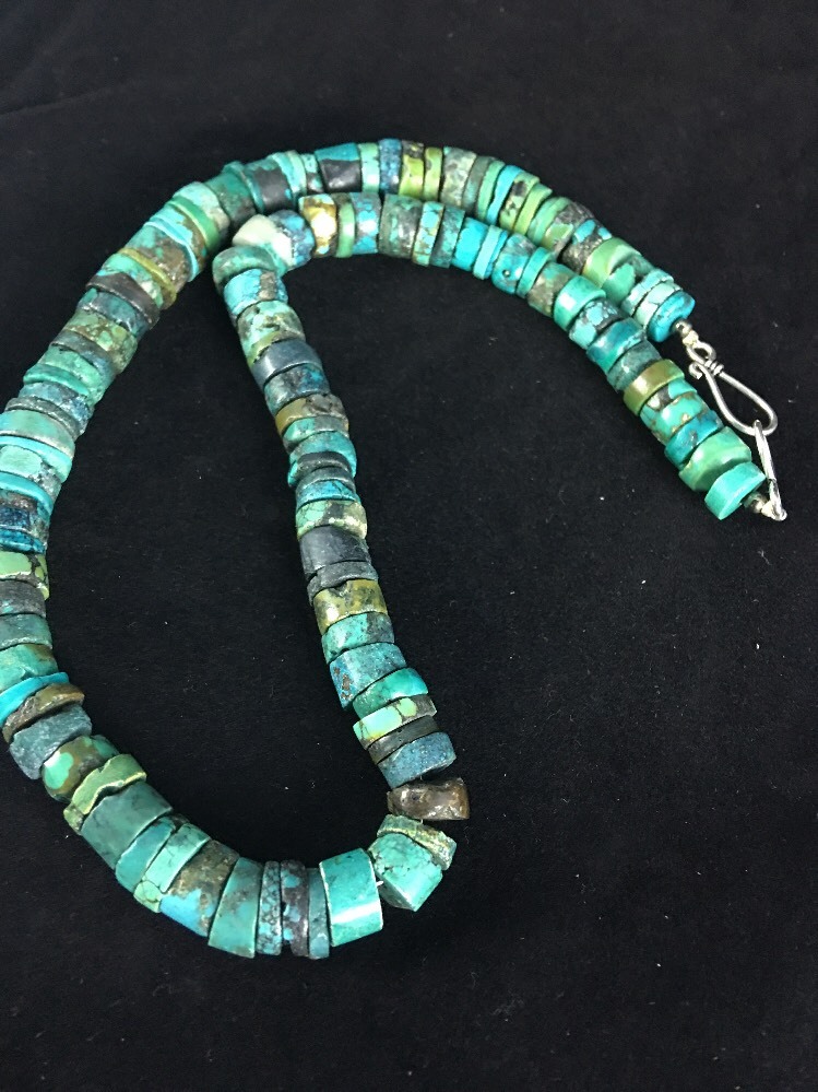 Blue Turquoise Bead 8mm Heishi Navajo Sterling Silver Necklace 20” 1135
