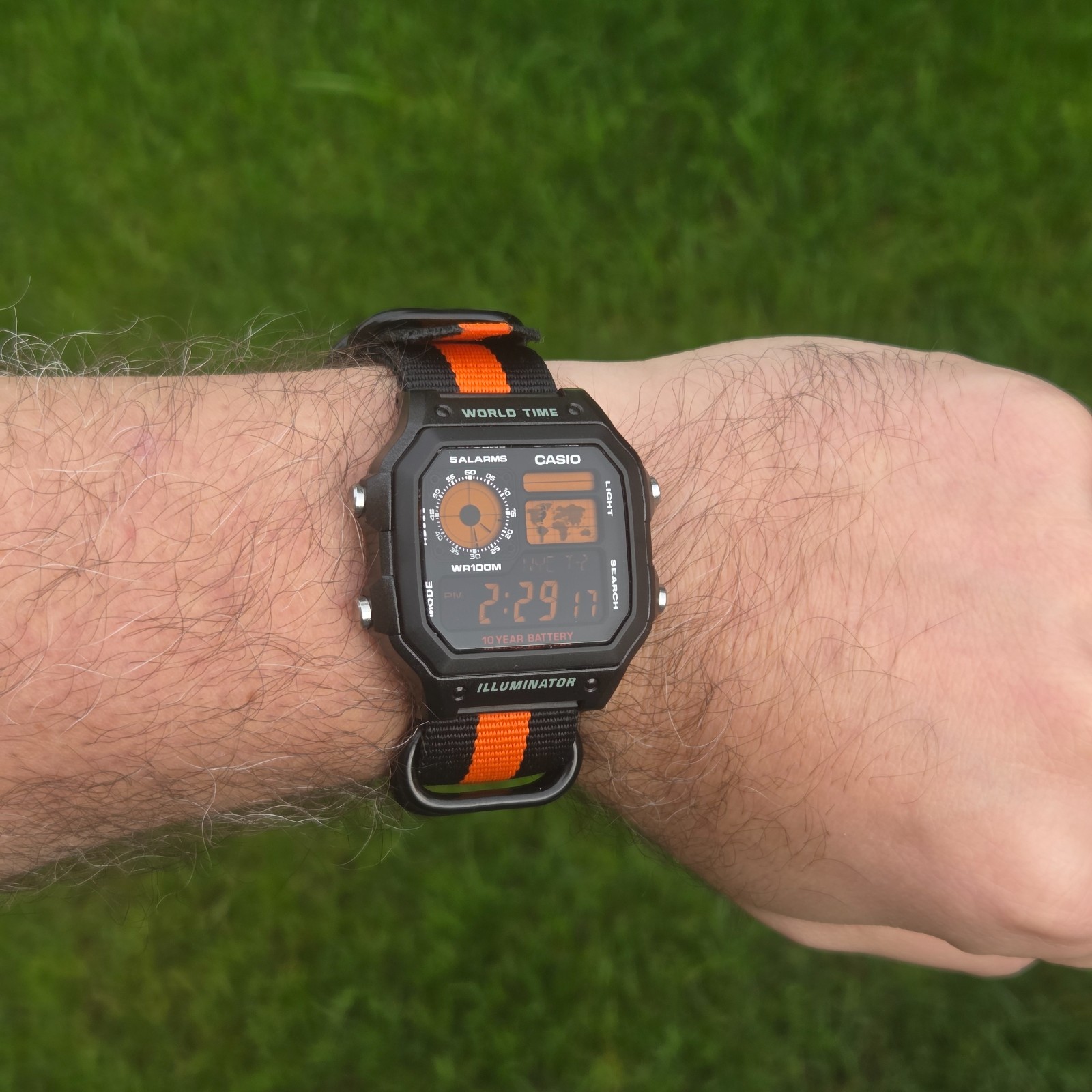 CASIO AE-1200WHD. Royale World Time Watch Mod. Orange Digits Negative. Hydromod.