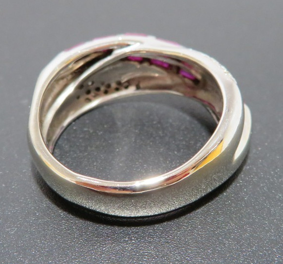 14K WG RUBY & WHIT STONE CLUSTER SWIRL BAND RING SZ 8.25 7.83 grams (A22045-1)