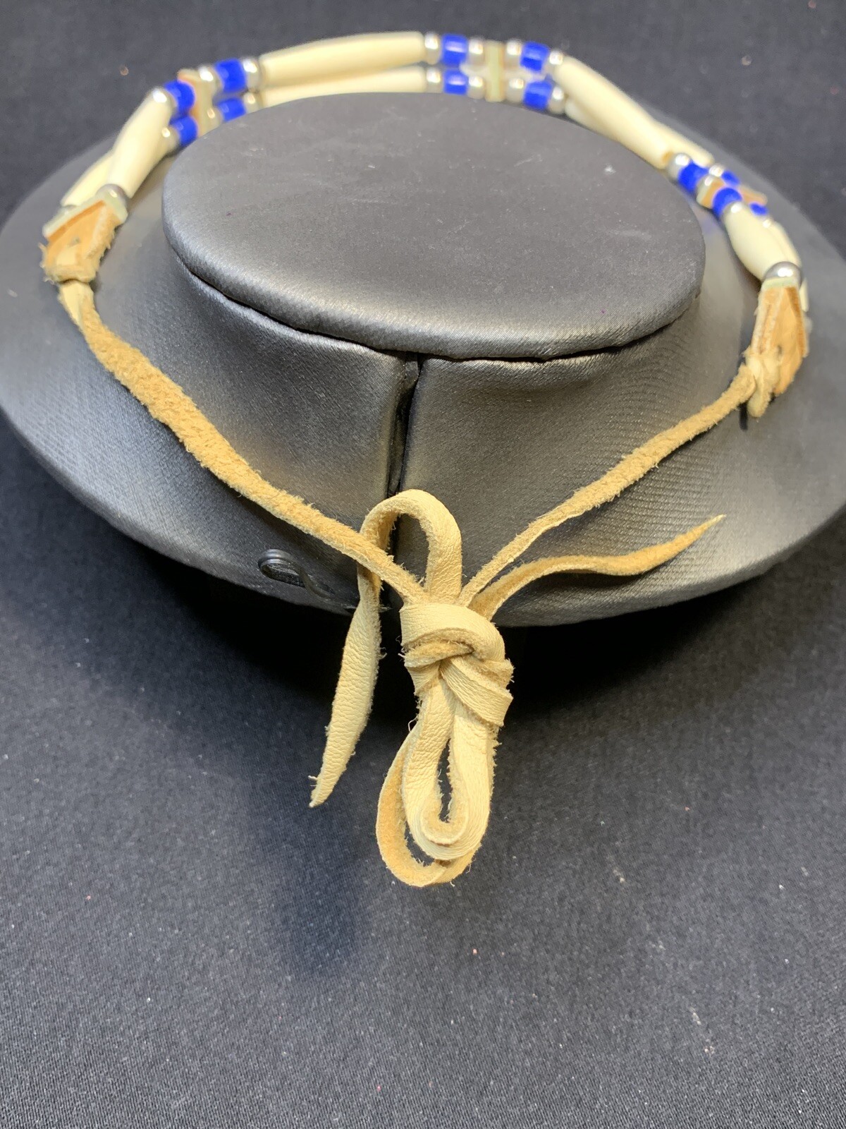 Signed DS Native American Blue Leather beaded tie on choker necklace