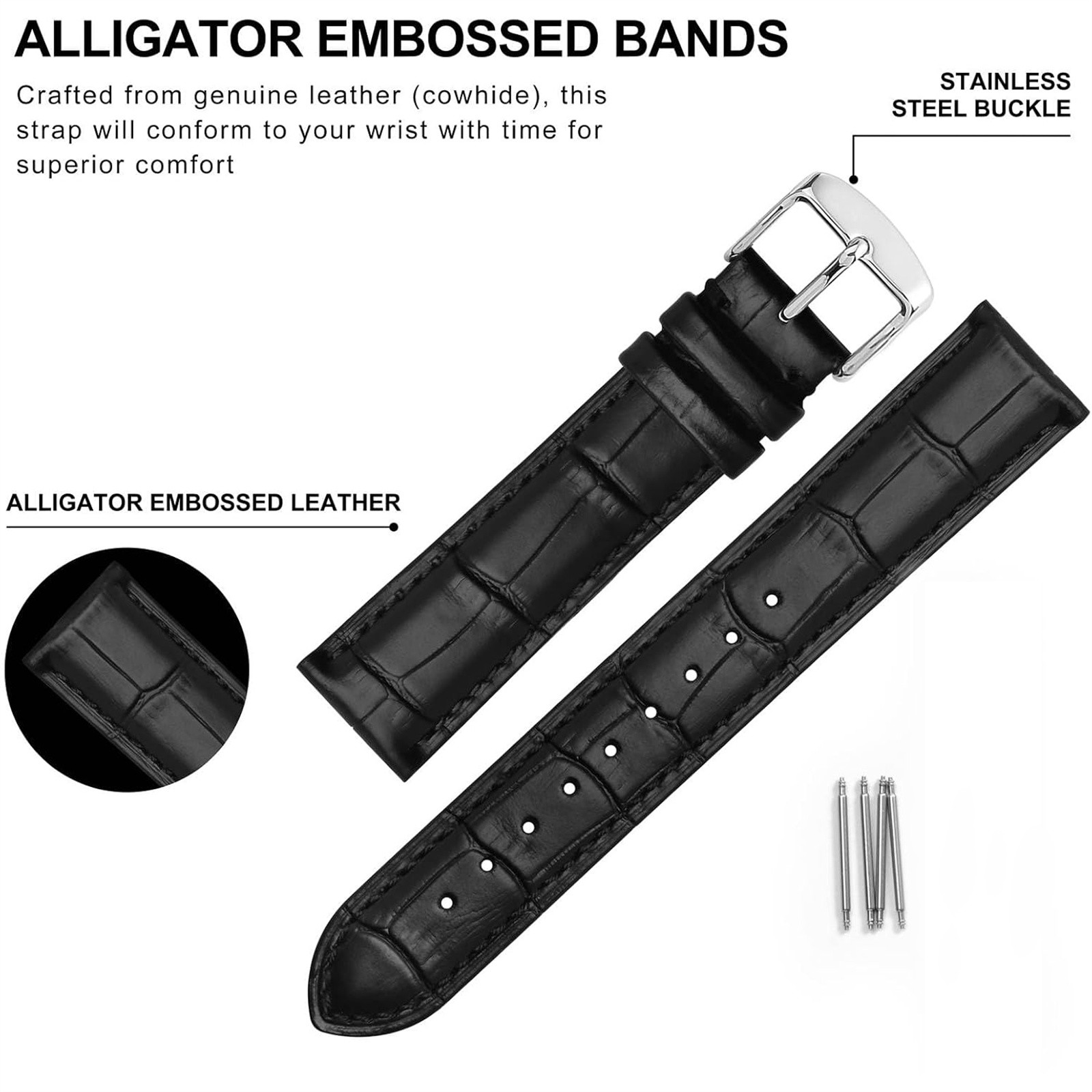 Genuine Leather Replace Stainless Steel Buckle Spare Watch Strap Width18-24mm