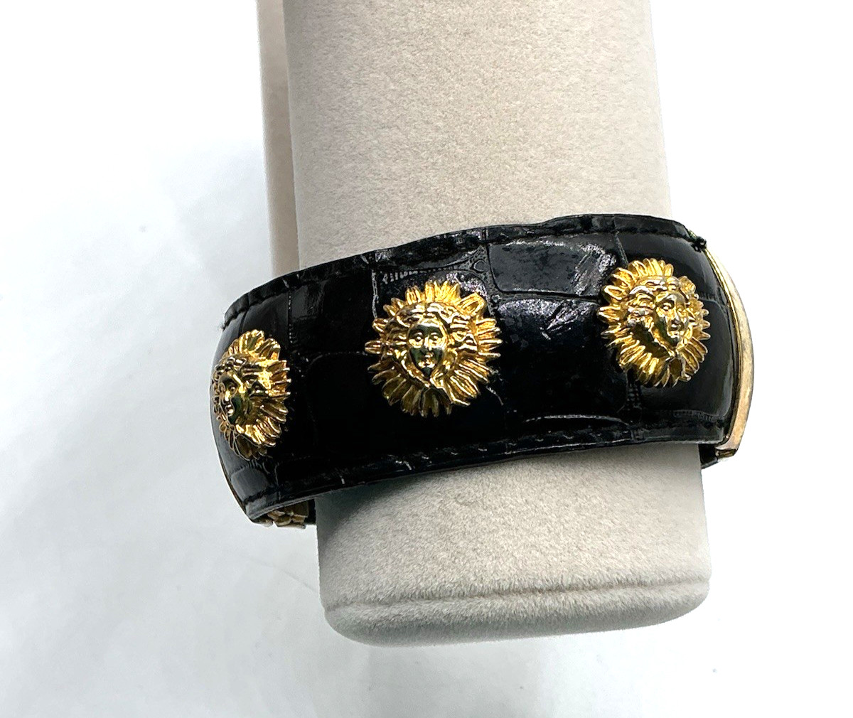 Vintage Black Patent Leather Gold Tone Medusa Accents Hinged Clamper Bracelet