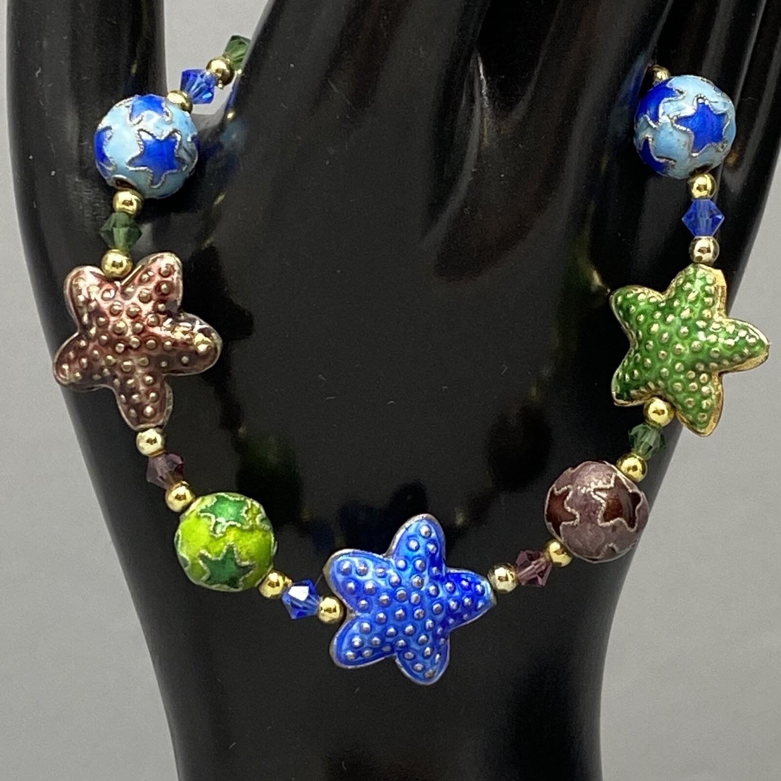 Cloisonne Enamel Bracelet Multicolor Star Shape Pattern Bead Station Crystal 6.7