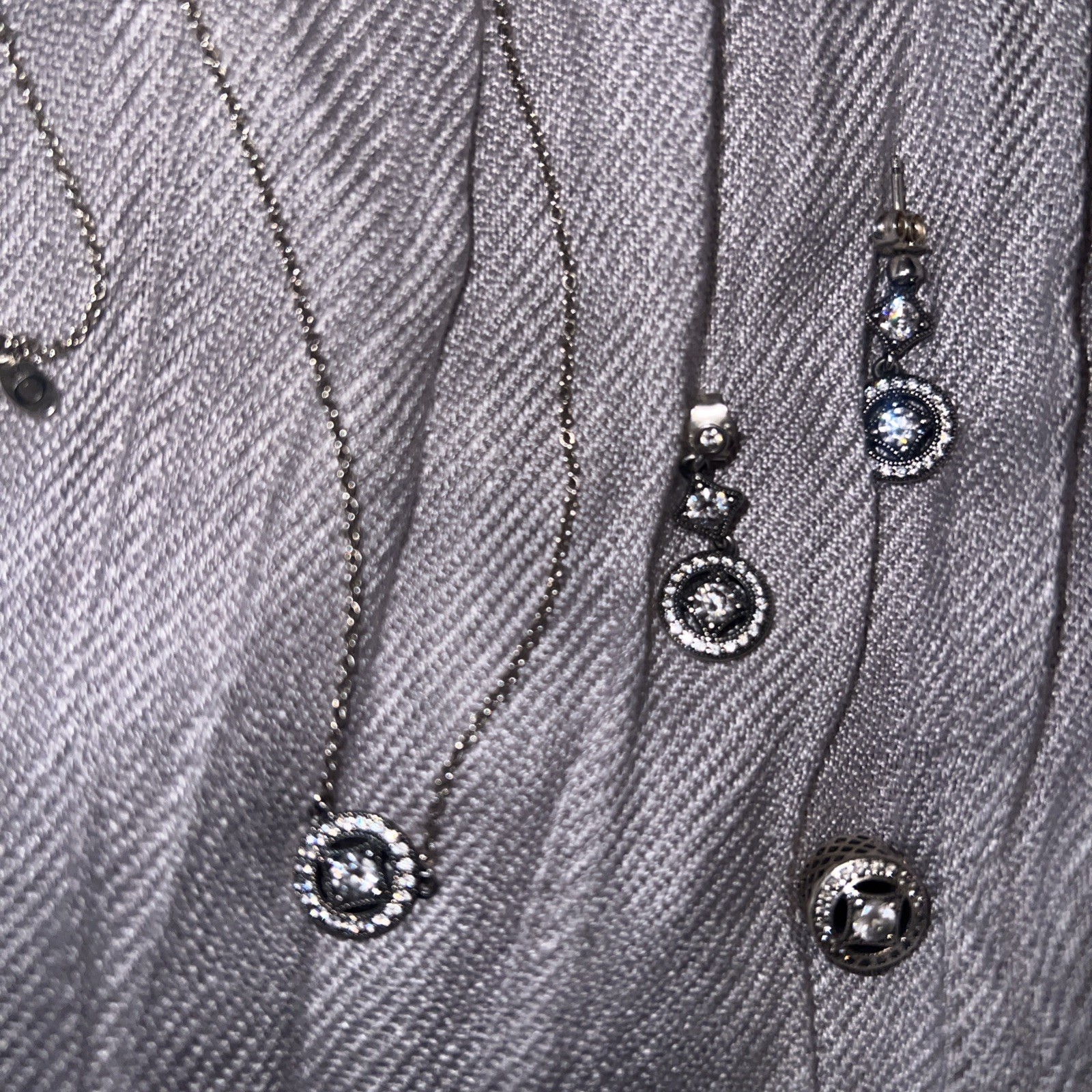 Vtg Allure Pandora SS Zirconia Necklace Pendant-Dangle Earrings-Charm Set