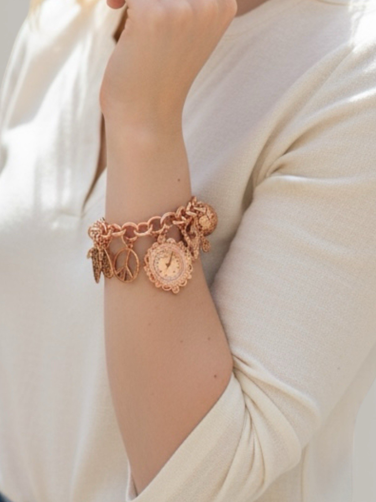 Strada Rose Gold Charm Bracelet Watch, Peace, Hope + More Charms, Gift Box New