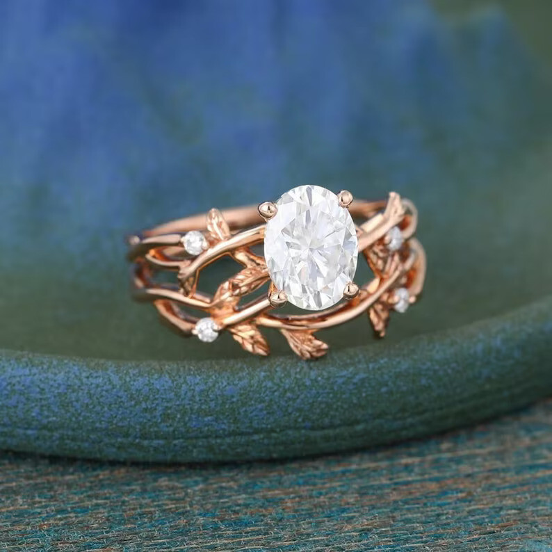 Floral 1.3Ct Oval Cut CZ-Stone Twig Wedding Bridal Ring & Band Set In 925 Silver