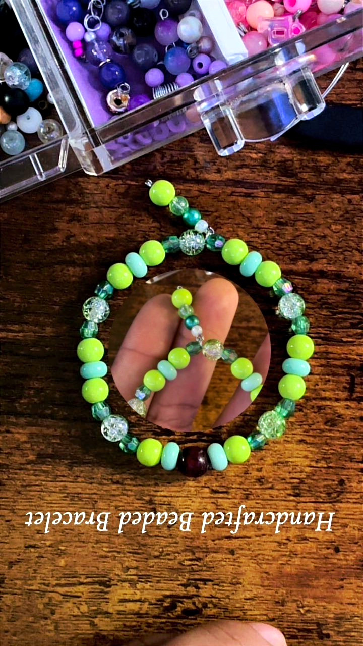 Handmade Green/Blue Glass & Plastic Beaded Bracelet w/ Dangle Charm, #067