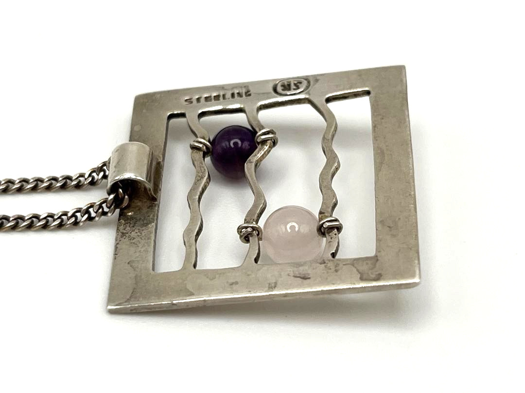 Vintage Signed SK Sterling 925 Pendant Necklace MODERNIST Amethyst Quartz 24″ L