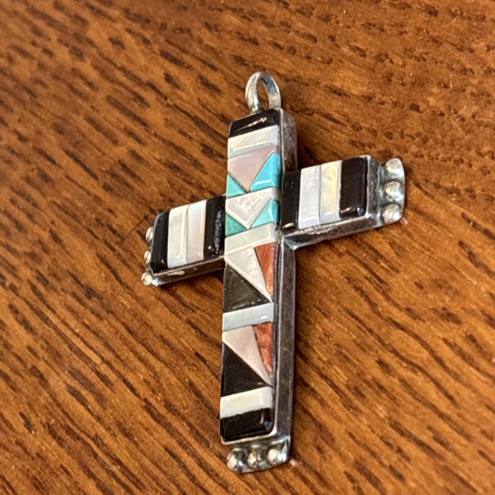 C C Zuni Cross Pendant Sterling Silver Vintage Superb Cobblestone Turquoise Wz