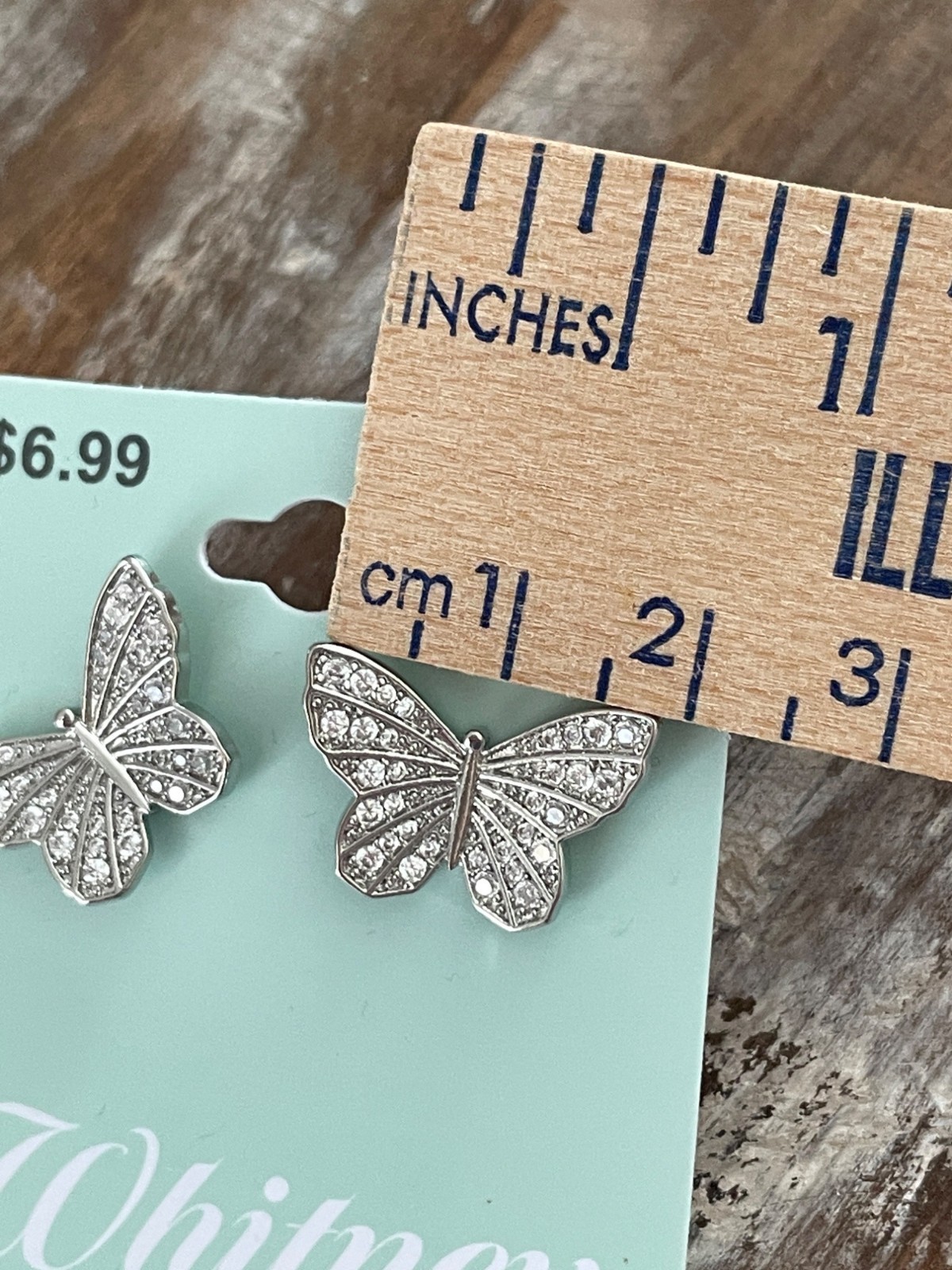 Fancy Whitney Butterfly Earrings Silvertone Clear Stones Lead and Nickel Free