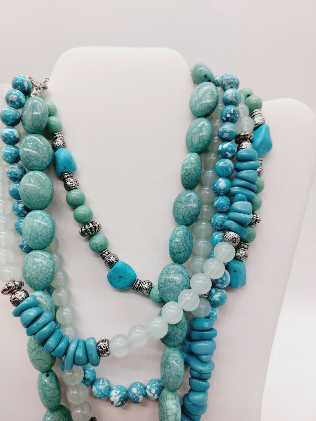 Necklace Blue Aquatic Bib Choker Turquoise Silver Tone Beads Multi Strand