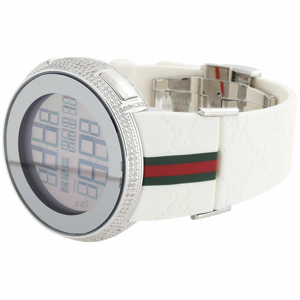 Brand New Mens Diamond Gucci Watch I Gucci Digital White Band Ya114214 2.5 CT.