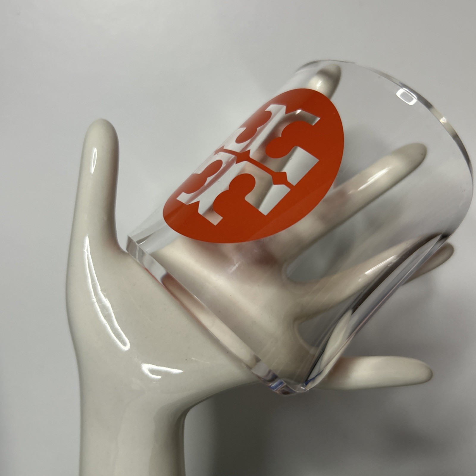 TORY BURCH White Clear Lucite Orange Logo Wide Cuff Bracelet