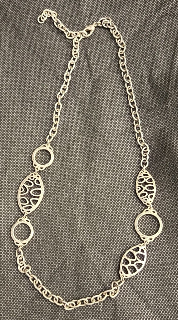 Silver Tone Oval Filigree Station Necklace, Adjustable Cable Chain, Lobster