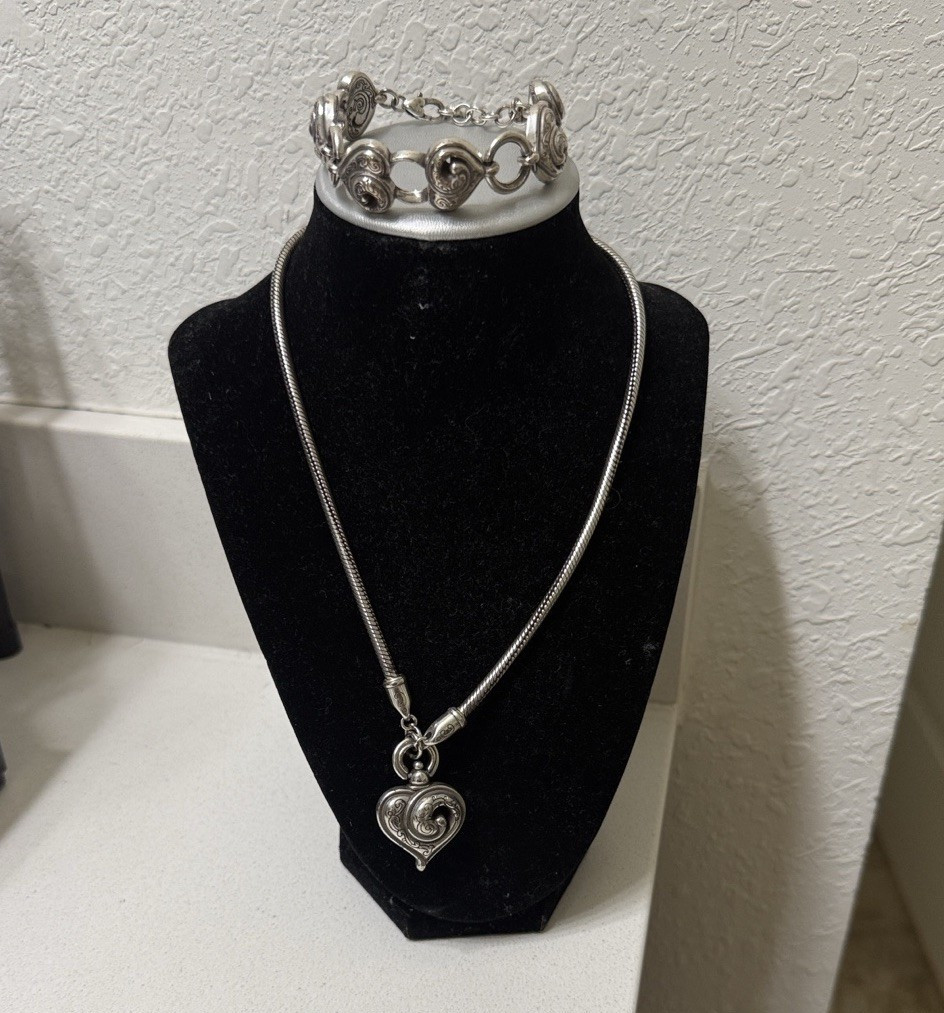 Silver Tone Heart Love Jewelry Set – Necklace & Bracelet, No Stone