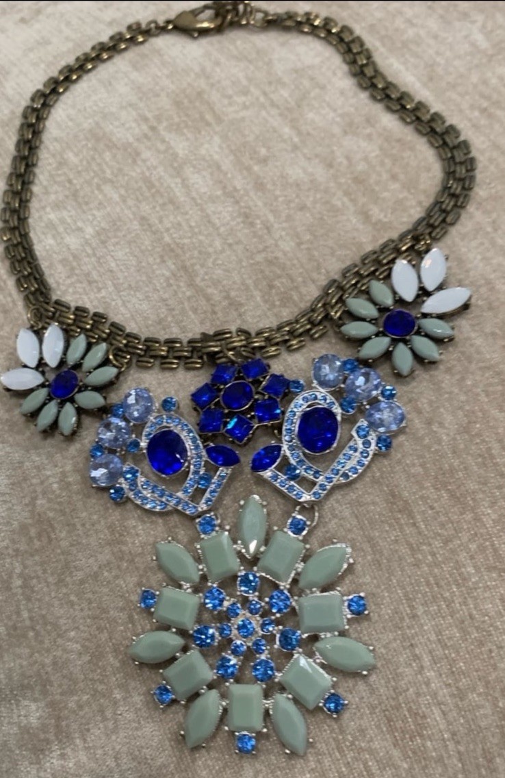 Statement Necklace Antique Look Blue Crystals