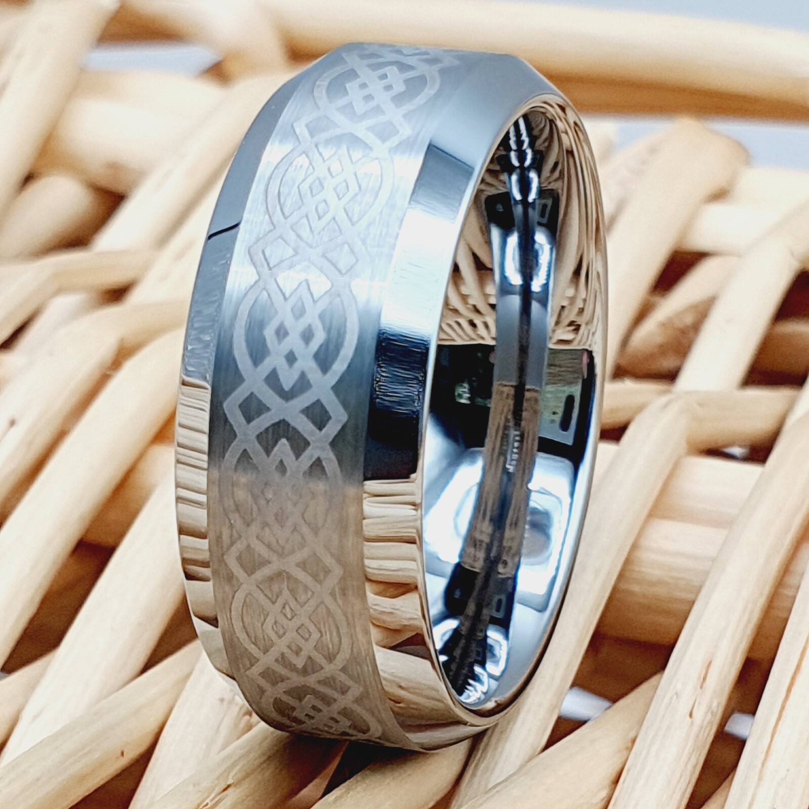 Silver Celtic Knot Inlay Ring High Polished Tungsten Anniversary & Promise Band