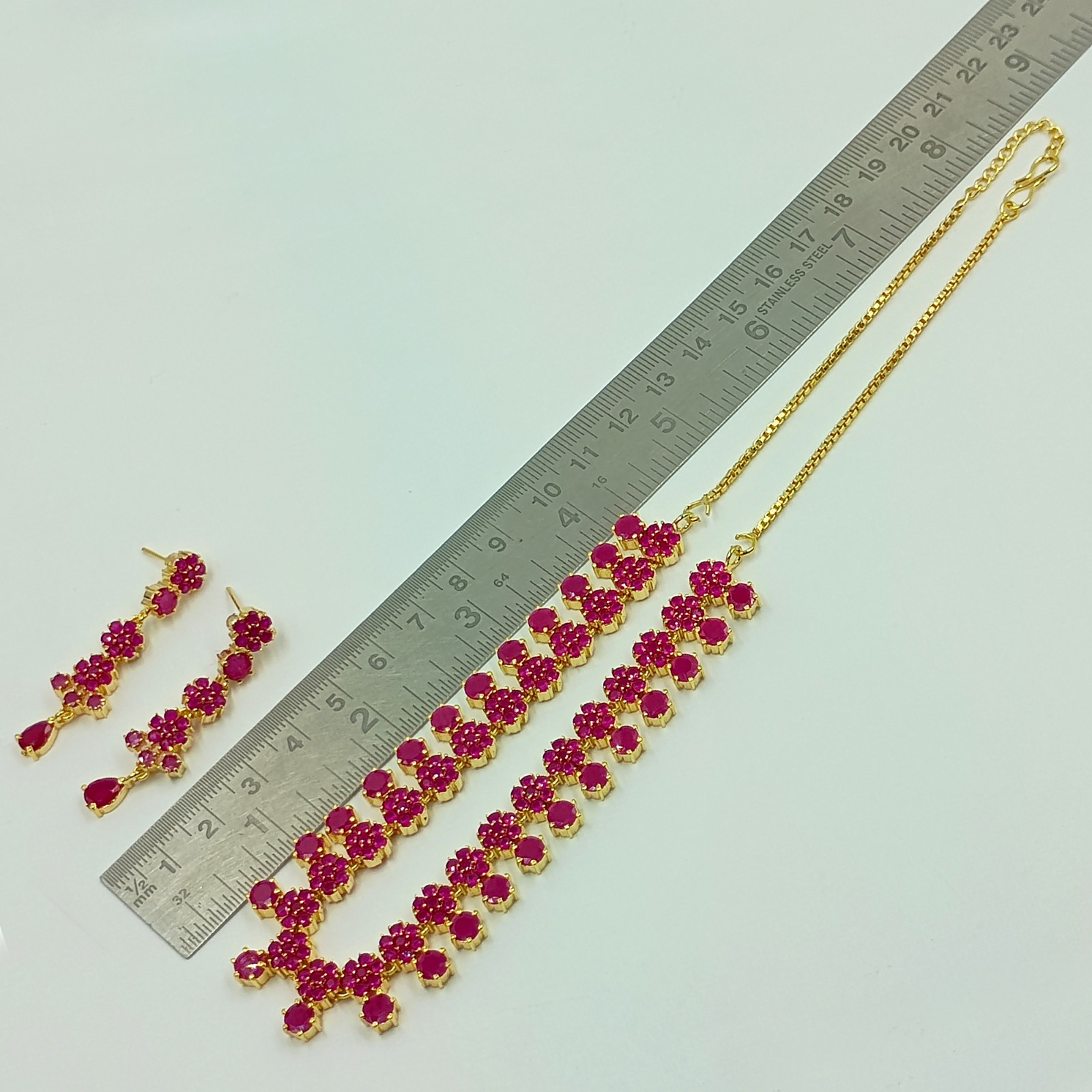 Indian 22k Gold Plated Ruby Floral Statement Necklace Set Wedding Jewelry