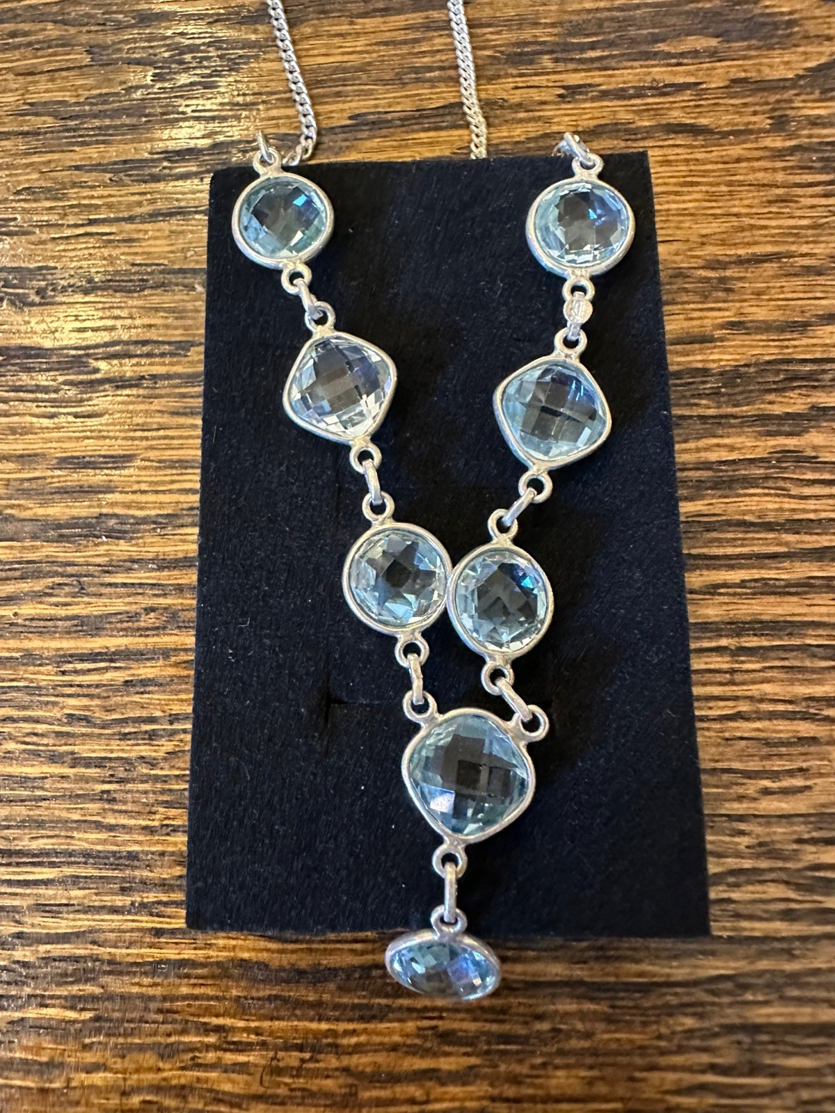 Sterling Silver 8 Faceted Aquamarine Colored Stone Necklace 16 in with 2 in ext