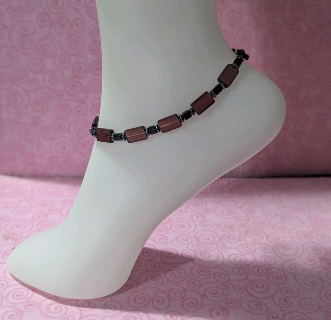Maroon & Black Glass Beaded Stretch Anklet Ankle Bracelet Handmade 9.5″