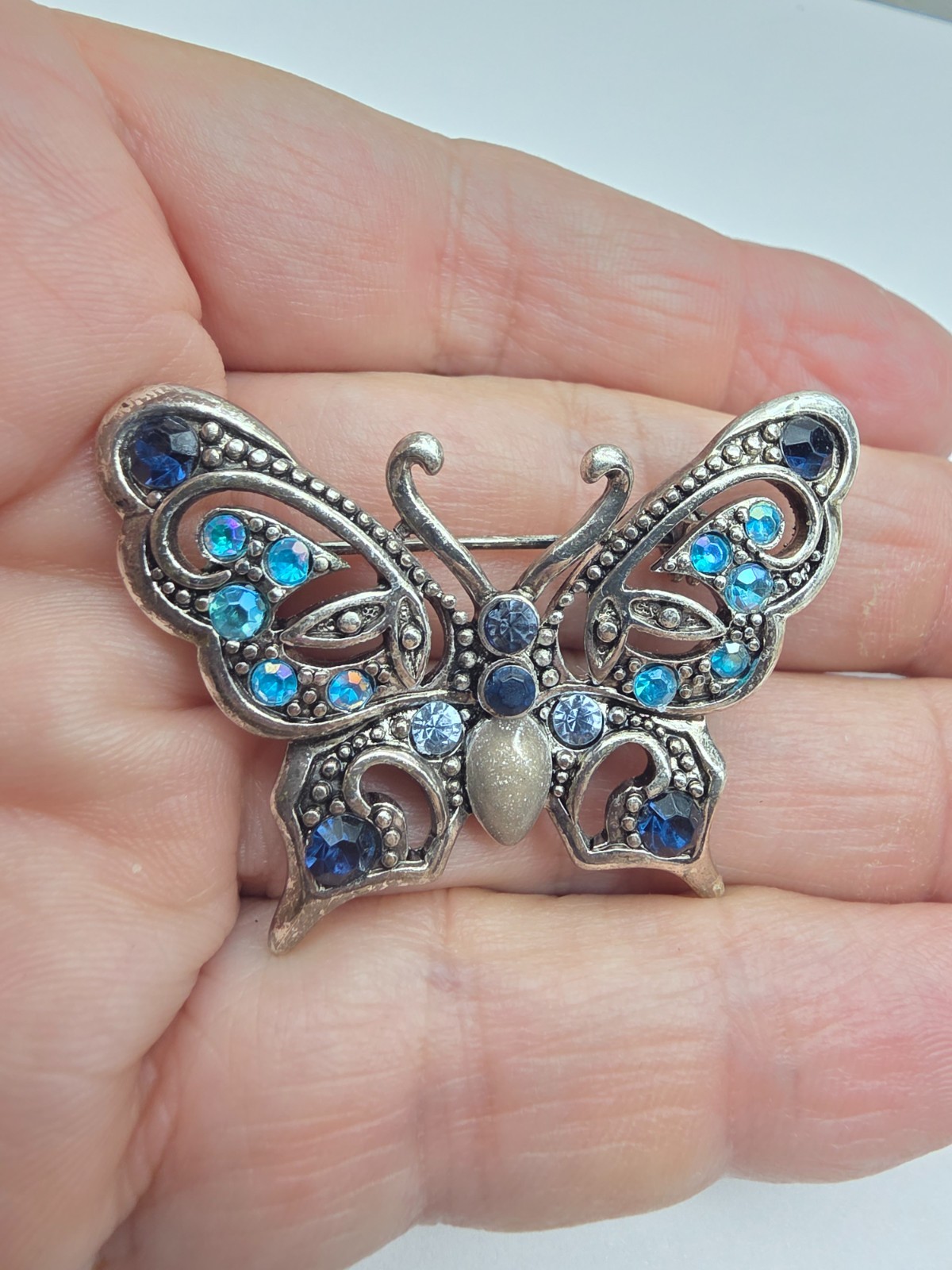 Blue Beige Rhinestone Silver Tone Metal Butterfly Brooch Vintage