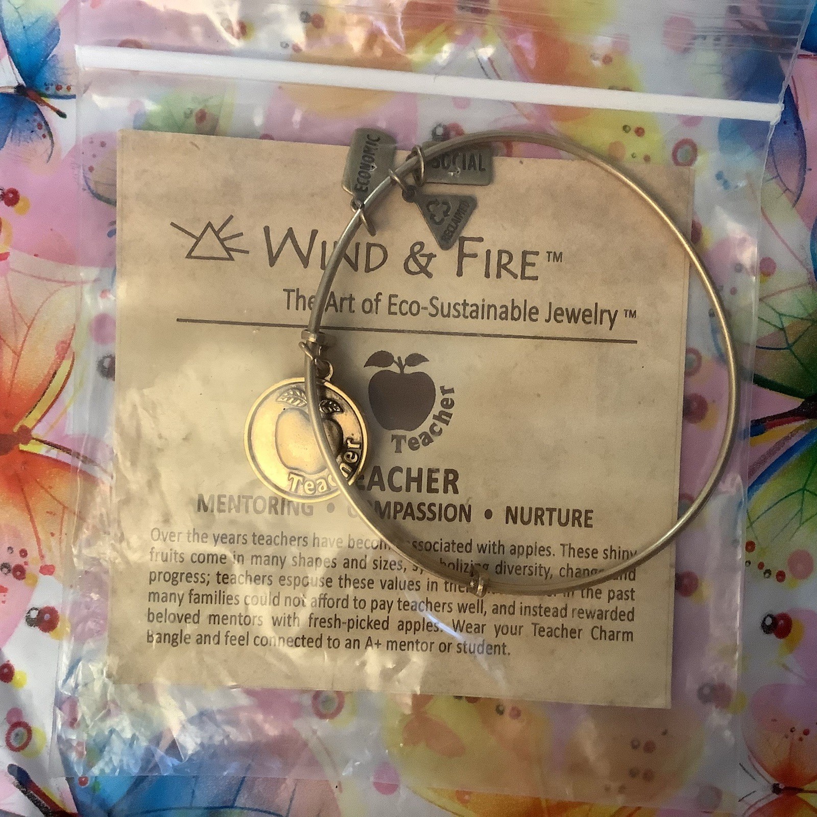Wind & Fire TEACHER Apple Bracelet Gold Tone