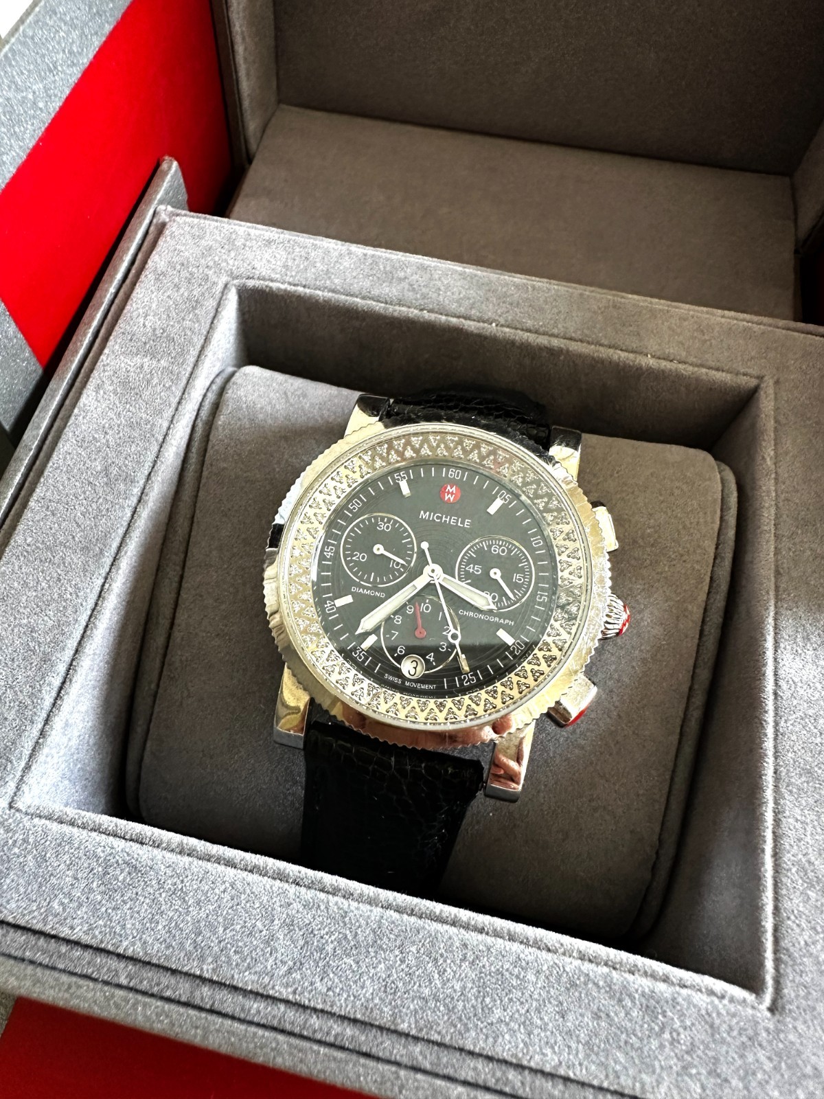 MICHELE CSX 0.46 CTW 96 Diamond Chronograph Watch Black Dial Box + Strap