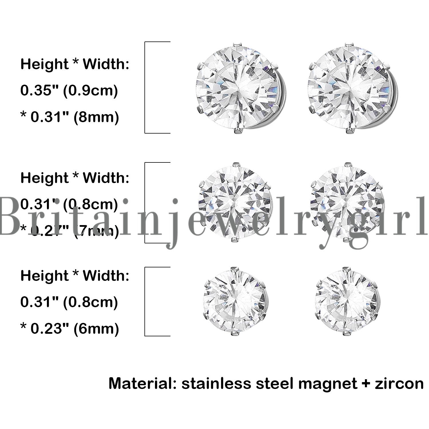 Men Women Stainless Steel Round CZ Magnetic Stud Earrings Non-Piercing Clip On