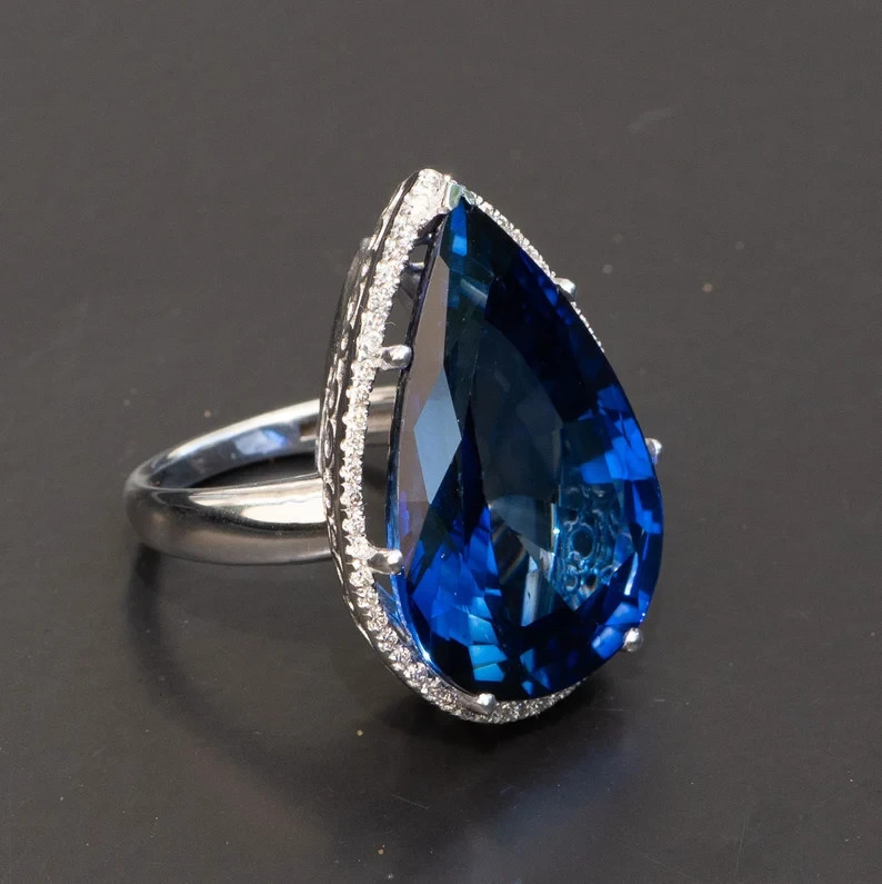11.40 Ct Pear Cut Natural Sapphire Diamond Engagement Ring 14K White Gold Size 7